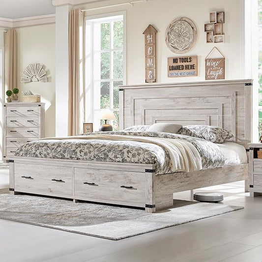 RedLemon Farmhouse Queen Size Bed Frame w/ 54" Tall Geometric Headboard, Rustic Wood Platform Bed w/ 2 Large Storage Drawers, Wood Slats Support, Noise Free, No Box Spring Needed, Antique Brush White