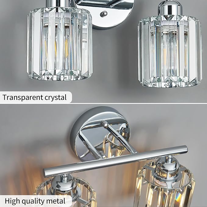Modern 2 Light Crystal Vanity Light, Chrome Vertical Bathroom Light Fixture Over Mirror for Dressing Table Sink, Compatible with Dimmable Bulbs (Bulbs Not Included)