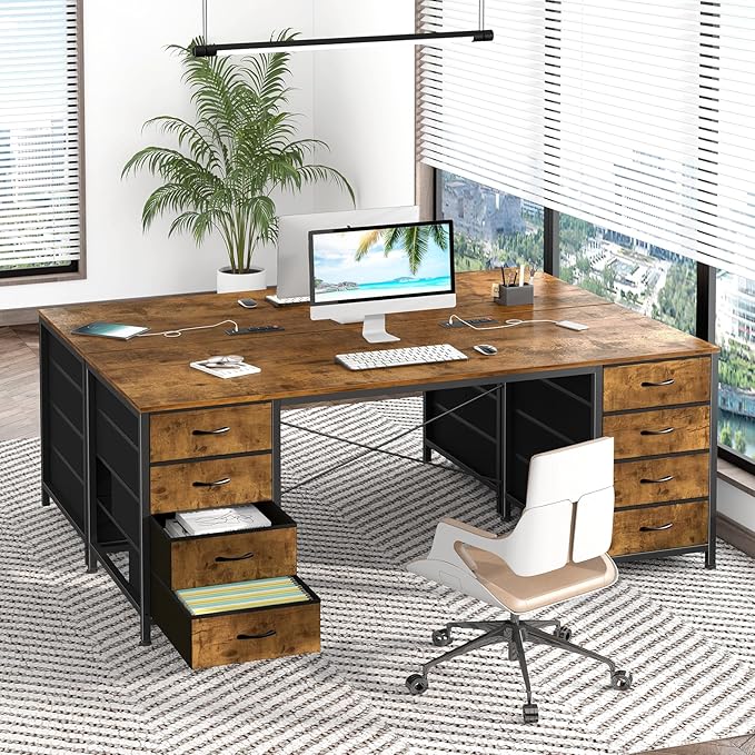 60 Inch Computer Desk with 8 Drawers, Home Office Desk with Power Outlets, Work Study Gaming Desk with 8 Fabric Drawers, Rustic Brown