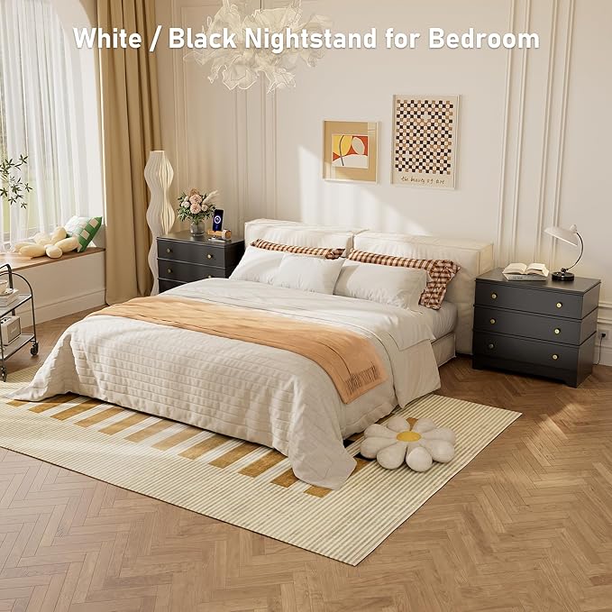 3 Drawer Nightstand with Charging Station,28" Farmhouse Night Stand & Modern Bedside Table, Wood End Table Storage Cabinet for Hallway, Entryway,Black Set of 2