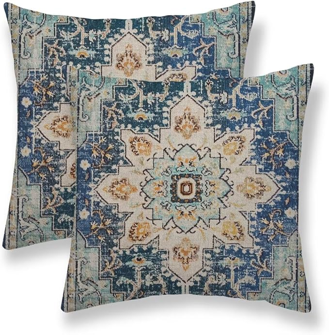 Boho Pillow Covers 24x24 Set of 2, Light Blue Beige Carpet Pattern Outdoor Decorative Throw Pillows Vintage Linen Ethnic Rustic Farmhouse Cushion Cases for Couch Sofa Decor