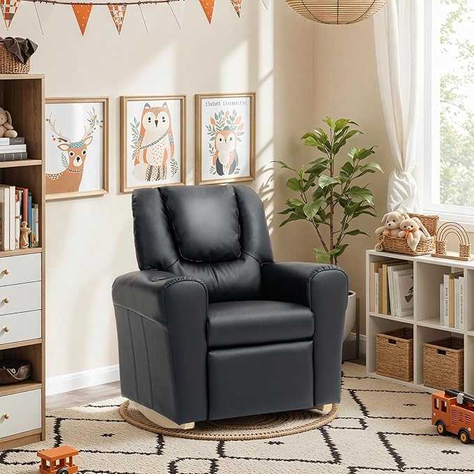 AVAWING Kids Recliner Chair with Cup Holder, Leather Toddler Recliner with Adjustable Backrest, Curved Rocking Legs and Comfy Armrests for Bedroom or Nursery (Black)