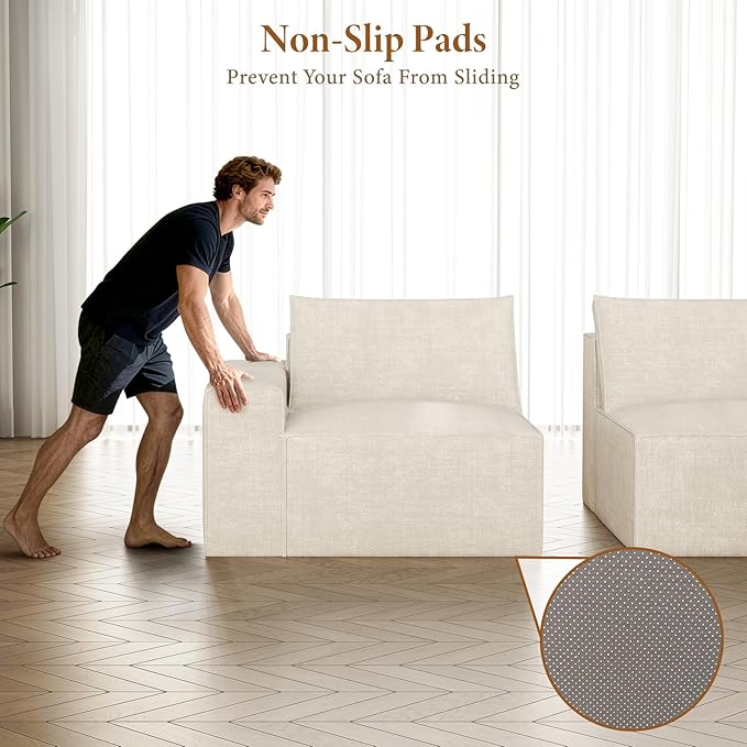 Vesgantti 114" Boneless Modular Sectional Sofa, Modern 3 Seater Couch with Ottoman & Deep Seat, Convertible Chenille L Shaped Cloud Couches for Living Room, No Assembly Required, Beige