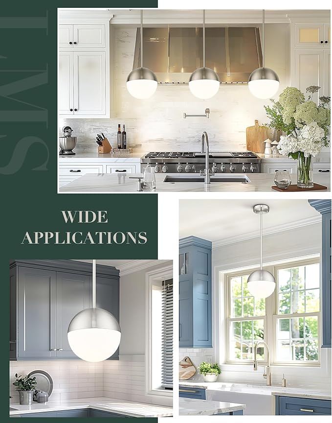 LMS Farmhouse Pendant Light Fixtures, Brushed Nickel Pendant Light with Globe Glass, Adjustable Hanging Lighting for Kitchen Island, Bedroom, Bathroom, LMS-203