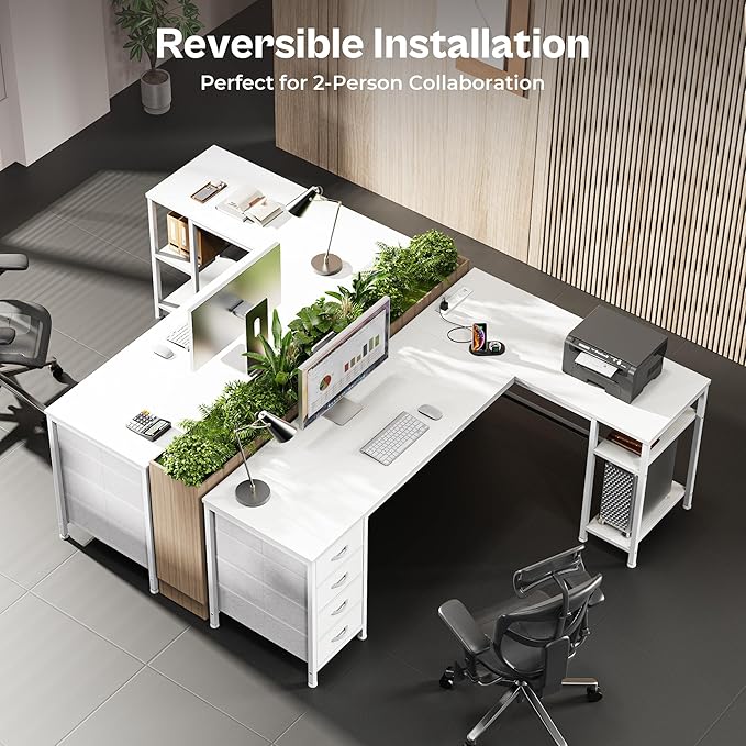 Huuger 63 Inch L Shaped Desk with Fabric Drawers, Reversible Computer Gaming Desk with Power Outlets and USB-C Port, Adjustable Side Storage Shelves, for Work Study Corner Home Office, White