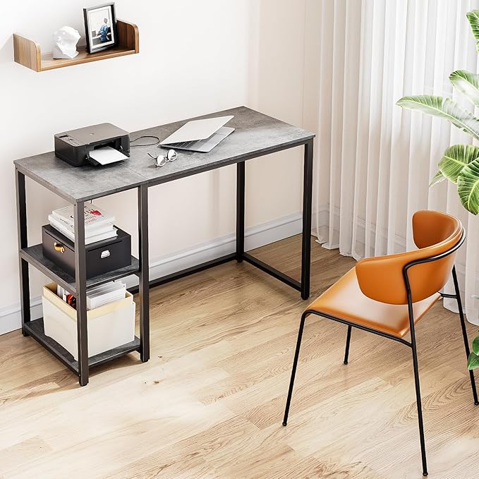 SINPAID Computer Desk 40 inches with 2-Tier Shelves Sturdy Grey Desks with Large Storage Space Modern Gaming Desk Study Writing Laptop Table, Gray