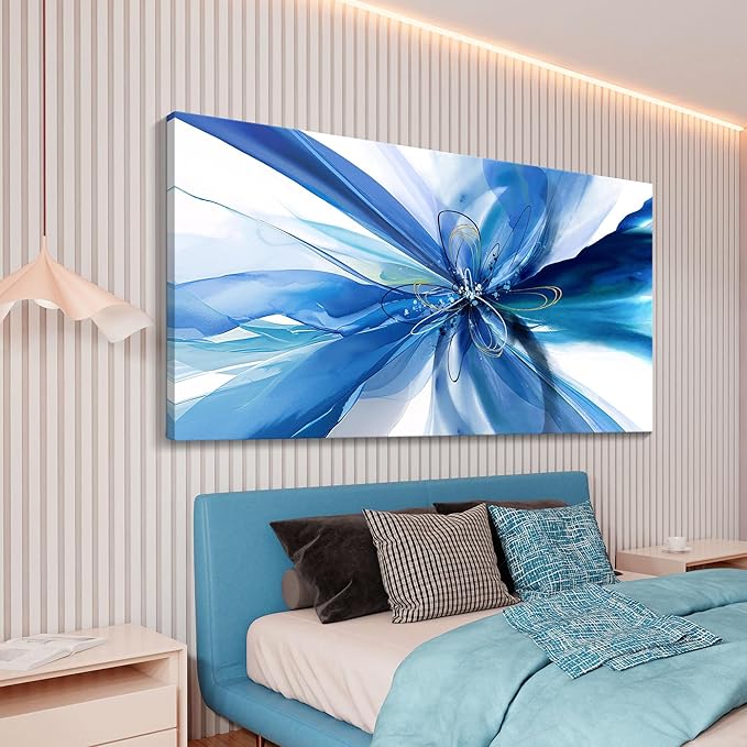 HKDGOKA Large Canvas Wall Art - Blue White Abstrac Gradient Flower Modern Paintings Picture Prints Ready to Hang Living Room Bedroom Dining Room Office Hallway Home Decor 29x58 IN