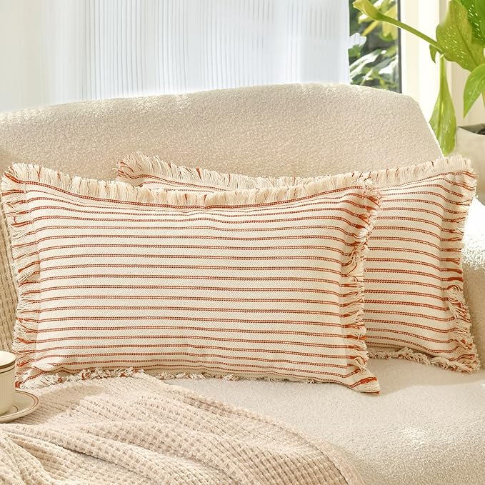 ZWJD Throw Pillow Covers 12x20 Set of 2 Striped Pillow Covers with Fringe Chic Cotton Decorative Pillows Square Cushion Covers for Sofa Couch Bed Living Room Farmhouse Decor