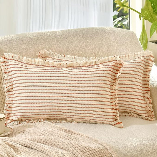 ZWJD Throw Pillow Covers 12x20 Set of 2 Striped Pillow Covers with Fringe Chic Cotton Decorative Pillows Square Cushion Covers for Sofa Couch Bed Living Room Farmhouse Decor
