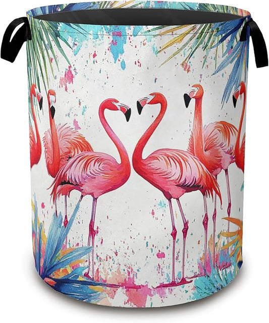 Flamingo Tropical Laundry Basket,Exotic Leaves Flower Collapsible Laundry Baskets with Handles,Waterproof Oxford Cloth Storage Basket 16"x20" for Bathroom/Bedroom/Dormitories