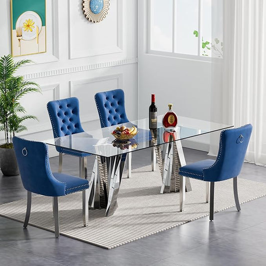 Goujxcy Modern 5 Piece Glass Dining Table Set Luxury Glass Kitchen Table and Chair Set for 4, 70" Large Rectangular Dining Room Table with 4 Tufted Chairs and Stainless Steel Legs (Silver & Blue)
