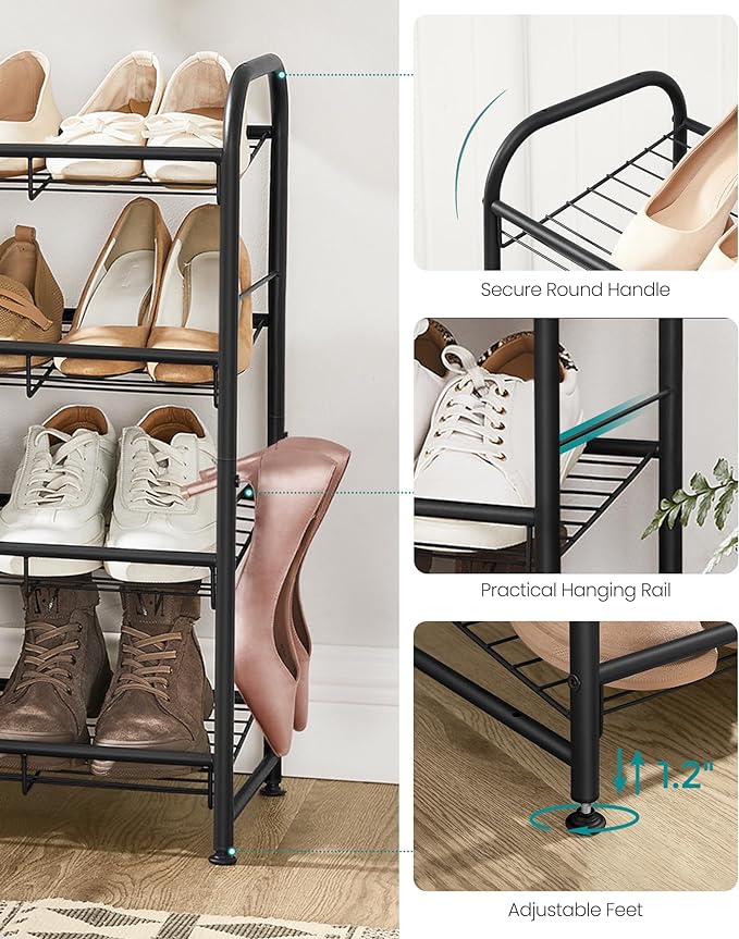 SONGMICS Stackable Shoe Rack, 4 Tier Metal Shoes Rack Storage Shelf, Holds up to 20 Pairs Shoes, Adjustable Slanted Shelves Shoe Tower Organizer for Closet Entryway Small Spaces, Black