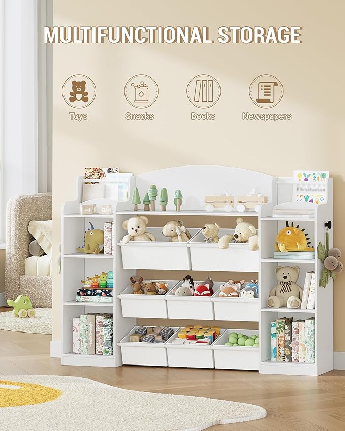 Toy Storage Organizer, Toy Shelf with 8 Storage Bins, Playroom Storage, Kids Bookshelf, 4-Tier Toddler Bookshelf for Children's Room, Bedroom, Living Room, Study Room, Nursery White KB43003W
