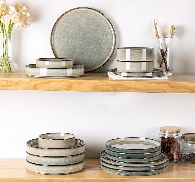 GBHOME Ceramic Dinnerware Sets for 6, 18 Pieces Stoneware Plates and Bowls Sets, Reactive Glaze Stackable Dish Set -Scratch Resistant, Dishwasher&Microwave Safe