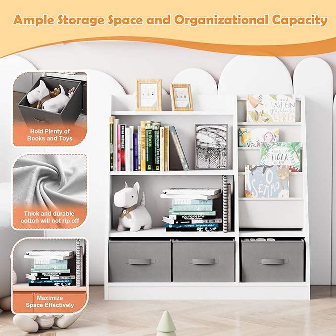 White Kids Bookshelf Wood Montessori Toy Storage Organizer Cabinet Shelf Child Bookcase Toddler Baby Sling Book Rack 3 Cube Bin Fabric Drawers for Playroom Bedroom Nursery School