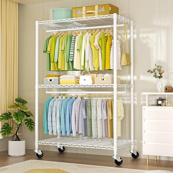 FUTASSI P3 Plus Rolling Clothes Rack, Clothing Racks for Hanging Clothes, Heavy Duty Garment Rack with Wheels, Freestanding Portable Closet Rack 45" W x 14" D x 78.5" H, Max Load 480 LBS, White