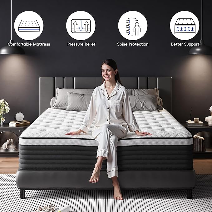 COOLMI King Size Mattress, 12 Inch Hybrid Memory Foam Mattress in a Box, Pressure Relief for Back Support, Medium Firm, Individually Pocket Springs, 100-Night Trial & CertiPUR-US Certified,Grey King