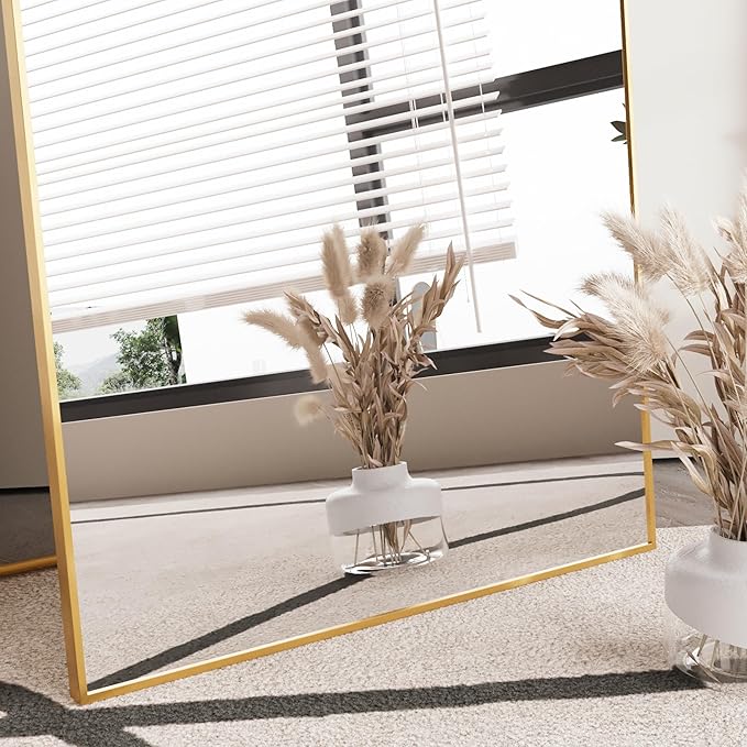FANYUSHOW Full Length Mirror, Standing Hanging or Leaning Body Mirror, Simple Rectangle Design, Aluminum Alloy Thin Frame, Floor Mirror for Bedrooms, Bathrooms, Living Room 63"x19" (Gold)