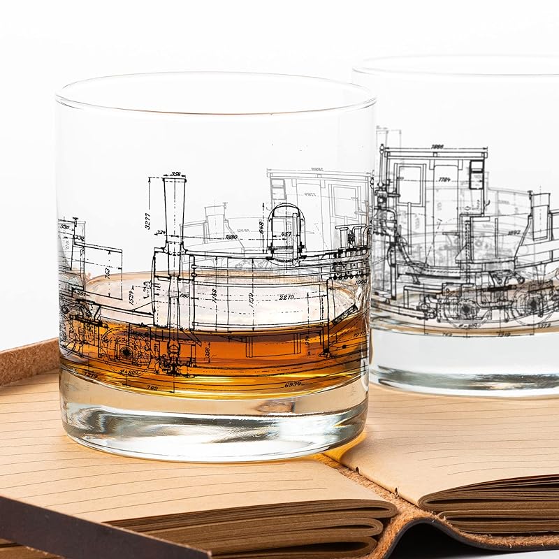 Black Lantern Whiskey Glass Set - Old Fashioned Tumbler Glasses for Cocktails Bourbon Scotch and Whisky - Nature Graphics - Two 11oz. Tumblers with Heavy Base (Locomotive Blueprints)