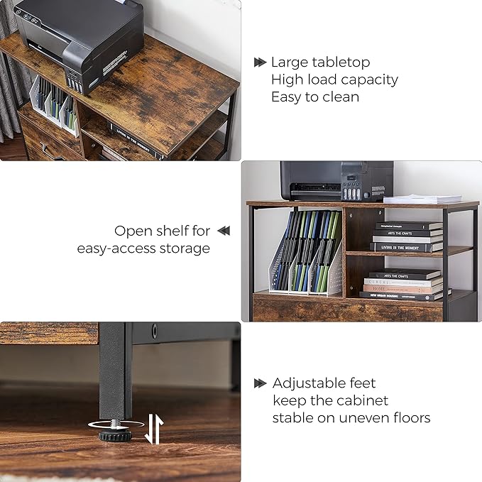 VASAGLE Lateral File Cabinet for Home Office, Filing Cabinet with Open Shelves and Drawer, for A4, Letter and Legal Sized Documents, Printer Stand, Rustic Brown and Ink Black UOFC043B01