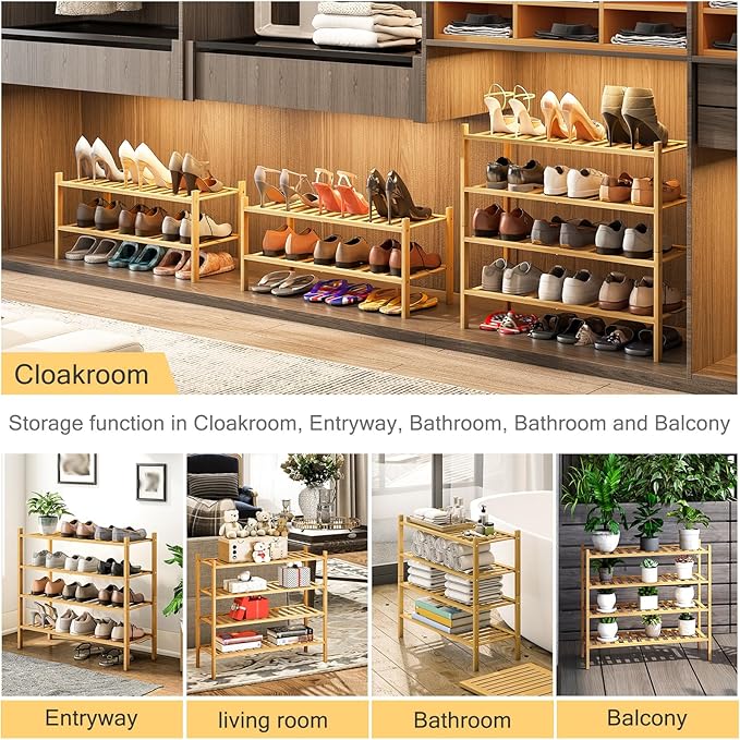 4-Tier Bamboo Shoe Rack for Entryway, Stackable | Heavy Duty | Multi-Function, Free Standing Shoe Racks for Bedroom Hallway Closet