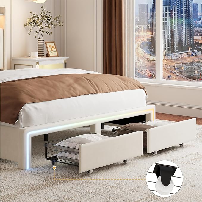 Queen LED Bed Frame with Storage Headboard & Charging Station, Velvet Fabric Platform Bed Frames with 4 Drawers, No Box Spring Needed, Button Tufted Upholstered, Beige
