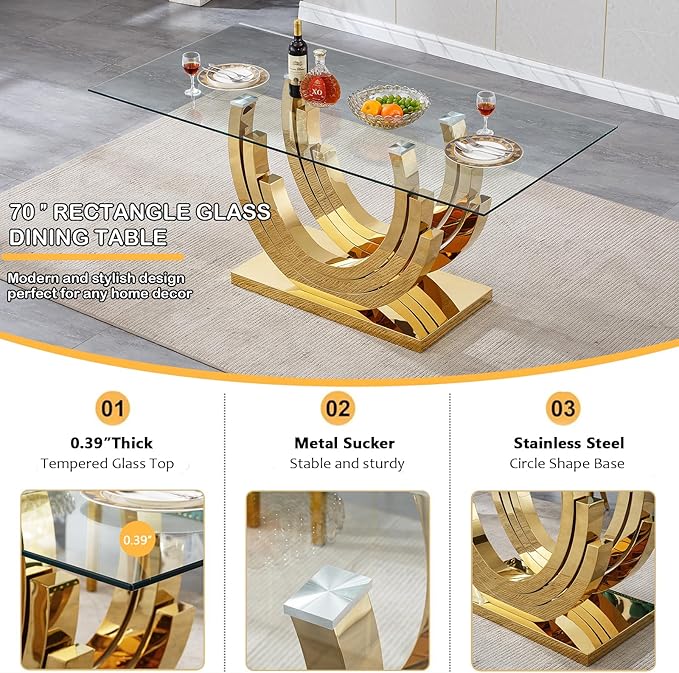 7 Piece Dining Table Set with 6 Grey Dining Chairs, Modern Glass Kitchen Table and Chairs Set for 6, 70" Rectangle Gold Glass Pedestal Dining Room Tables with Ring-Shape Stainless Steel Base