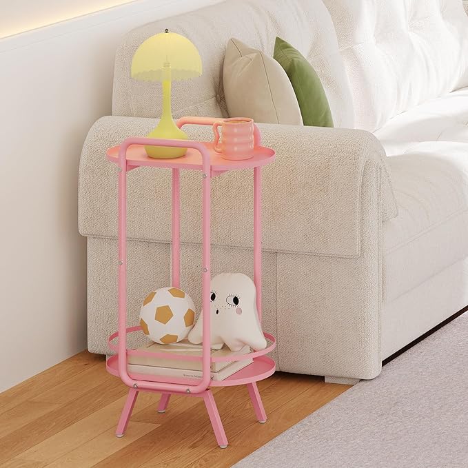 HOOBRO Pink Side Table, 2 Tier Oval End Table with Tray Storage, Small Cute Kids Nightstand for Living Room, Bedroom, Dorm PK184BZ01