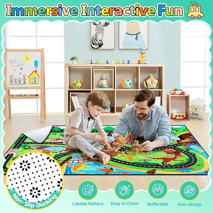 Kids Rug, Car Carpet for Kids' Toy Cars, 4x6 Ft Dinosaur Rug, Dino Safari Road Mat for Playroom, Educational Learning & Game Area Baby Play Mat Carpet for Children