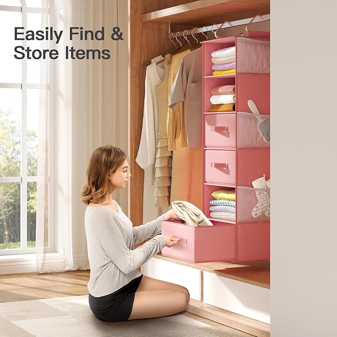 Pipishell Hanging Closet Organizer 6-Shelf, Hanging Shelves for Closet with 3 Removable Drawers & Side Pockets, Hanging Shelf Organizer for Bedroom or Garment Rack, 12'' x 12'' x 43.3'', Pink