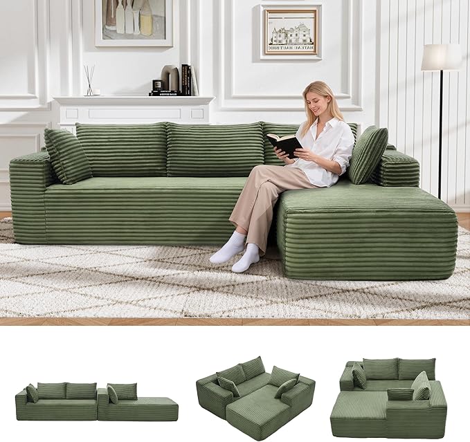 105" Cloud Sectional Couch with L-Shape Chaise,Modern Modular Sofa with Deep Seat, Fluffy Boneless Couches for Living Room Bedroom,No Assembly Required, Green (Plush Flannel Fabric)