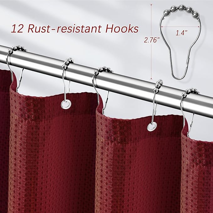 Elegant Burgundy Fabric Shower Curtain - Waffle Textured Heavy Duty Cloth Curtains for Bathroom, 256GSM Hotel Spa Luxury Weighted Polyester Bath Curtain Set with 12 Hooks 72Wx72H