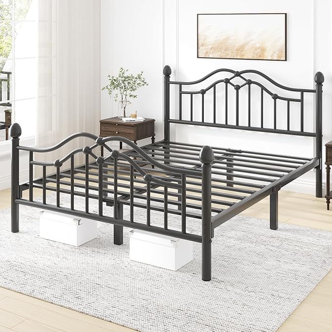 Queen Size Bed Frame, Metal Platform Bed with Victorian Headboard and Footboard, Strong Metal Slats Support, Mattress Foundation No Box Spring Needed, Easy Assembly, Noise Free, Black