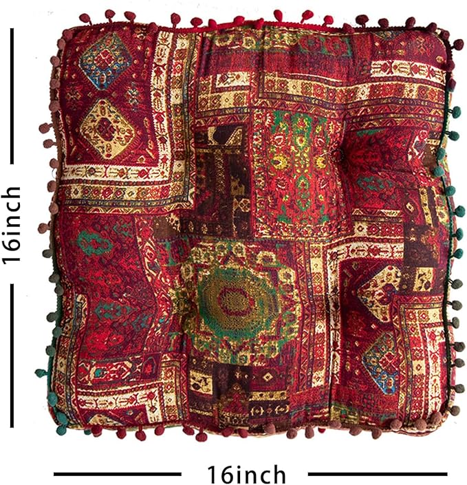 Red Bohemian Seat Cushion,Indoor Boho Chair Cushions for Dining Chairs，Square Chair Pad，Decorative Seat Cushions for Kitchen Chairs (Red Square 16X16)
