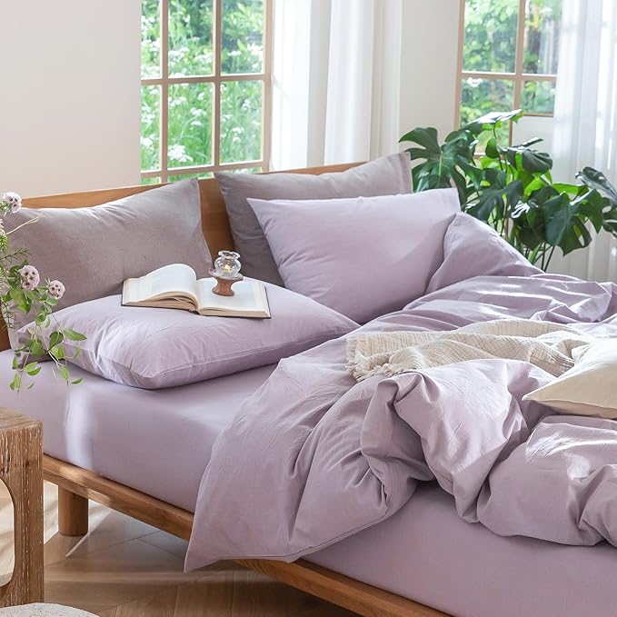 MooMee Bedding Duvet Cover Set 100% Washed Cotton Linen Like Textured Breathable Durable Soft Comfy (Heathered Light Purple, King 104"x90")