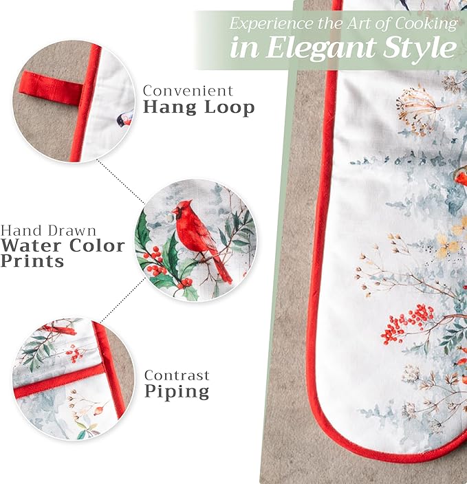 Maison d' Hermine Double Oven Mitt (7" x 35") 100% Cotton Heat Resistant BBQ Cooking Gloves with Loop for Thanksgiving Christmas Decorations Baking Cooking Barbeque Handling Hot Pan (Morzine)