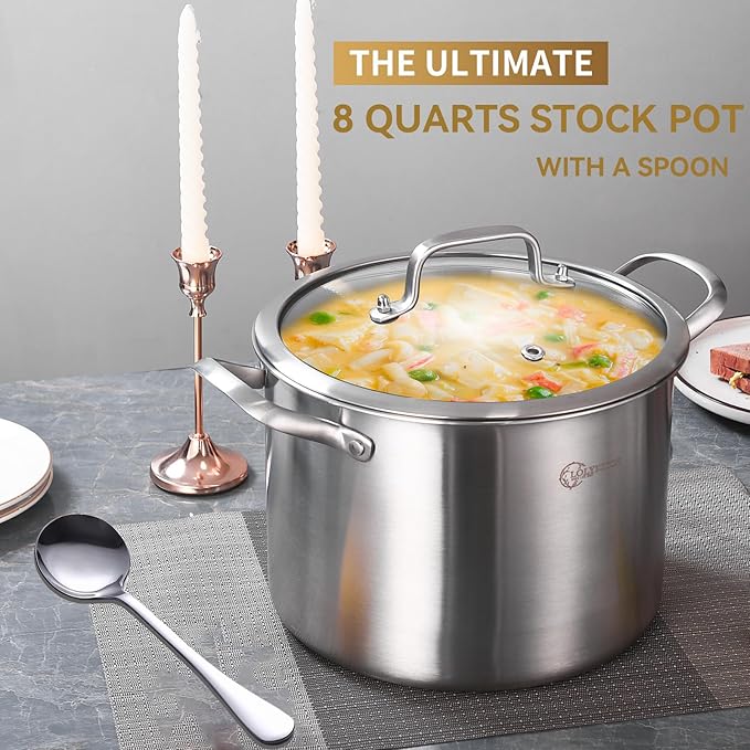 LOLYKITCH Tri-Ply Whole Clad 8 Quarts Stainless Steel Stock Pot with Lid,Induction Cooking Pot,Soup Pot,Heavy Duty,Oven and Diswasher safe.