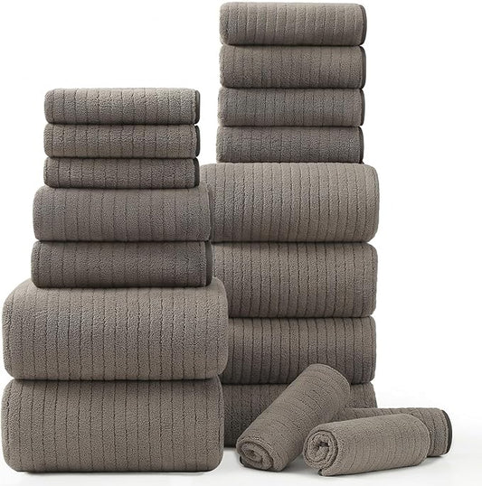 18 Piece Bath Towels Set,Super Soft Family Bathroom Towel Set with Hanging Loops-6 Bath Towels,6 Hand Towels,6 Washcloths,Highly Absorbent Quick Dry Shower Towel for Bathroom,Hotel,Spa-Brown Towel Set