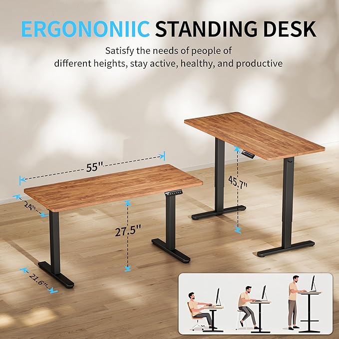 Electric Standing Desk, 55x24 inches Height Adjustable Desk, Sit to Stand Desks Memory Gaming Computer Workstation for Home Office, Light Rustic Brown
