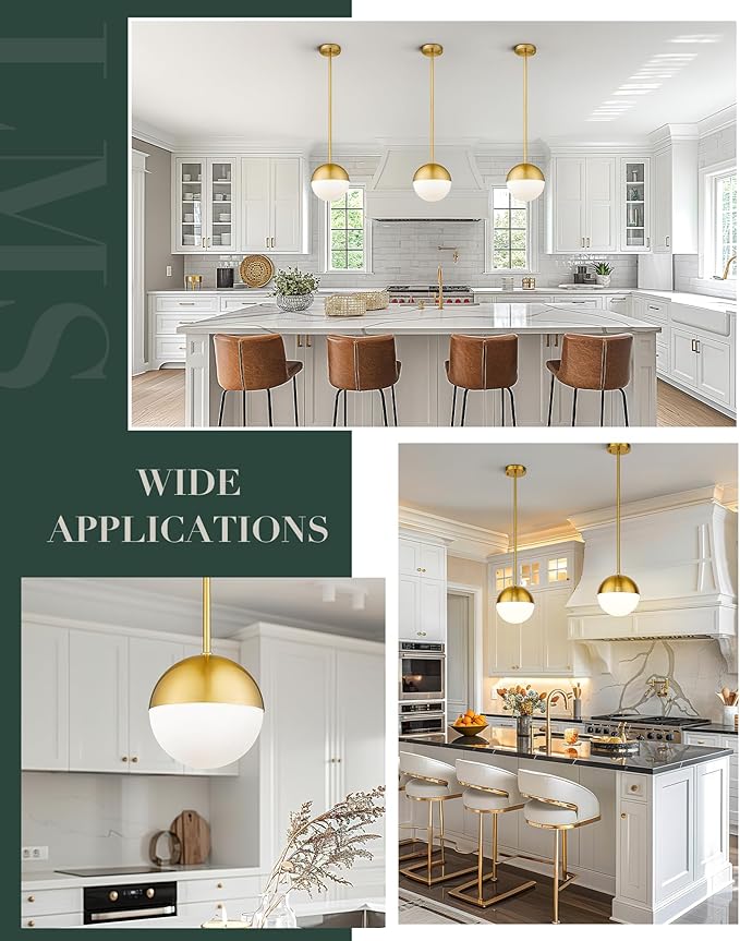 LMS Modern Pendant Lighting Gold Globe Pendant Light Fixture, Mid Century Chandelier One Light Hanging Fixture for Kitchen Island, Adjustable Indoor Lighting for Dinning Room Bedroom, LMS-187