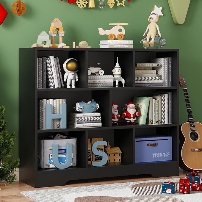 Book Shelf for Kids, 8 Cubes Storage Organizer Montessori Shelf, 3-Tier Wooden Kids Bookcase, Toy Storage Organizer for Children, Black Toddler Bookshelf Cube Shelf for Kid’s Room, Classroom