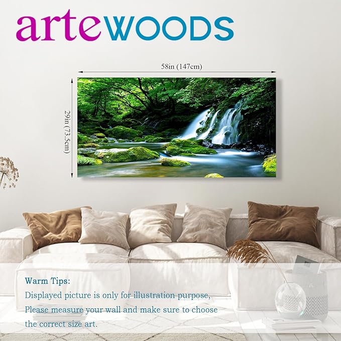 arteWOODS Waterfall Canvas Wall Art Living Room Decoration Large Nature Picture Artwork Modern Landscape Painting Green Forest Prints for Kitchen Office Wall Decor Home Decorations 29" x 58"