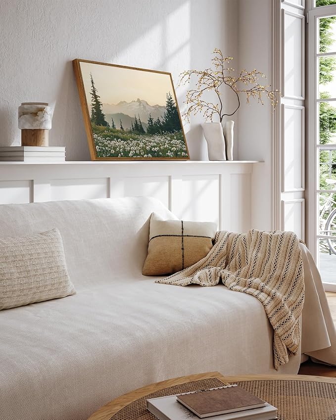 InSimSea Framed Canvas Wall Art Vintage Decor, Forest Wall Decor for Living Room Bedroom Bathroom Office, Nature Landscape Wildflowers Mountains Oil Painting Prints, Home Desk Decorations, 12x16inch