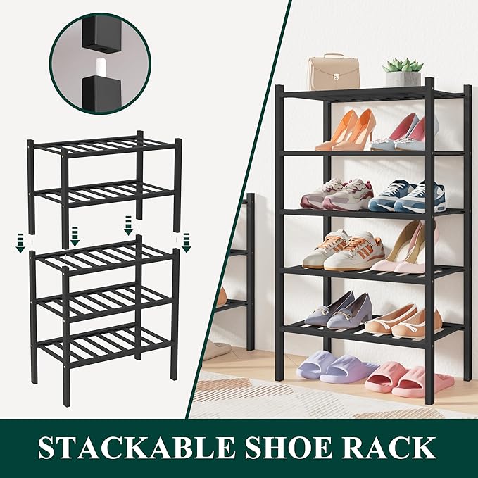 Smiry Bamboo Shoe Rack for Closet, 3 Tier Small Wooden Stackable Shoe Organizer, Free Standing Shoes Storage Shelf for Entryway, Front Door Entrance, Black