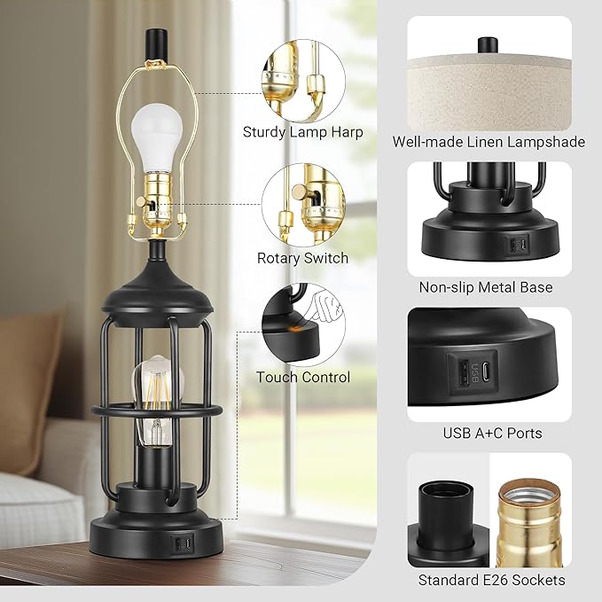 Qimh Table Lamp for Bedroom Set of 2 with USB A+C Ports, Farmhouse Bedside Lamp with Night Light, 3-Way Dimmable Touch Control, Rustic Industrial Nightstand Lamp for Living Room, Bulbs Included, Black