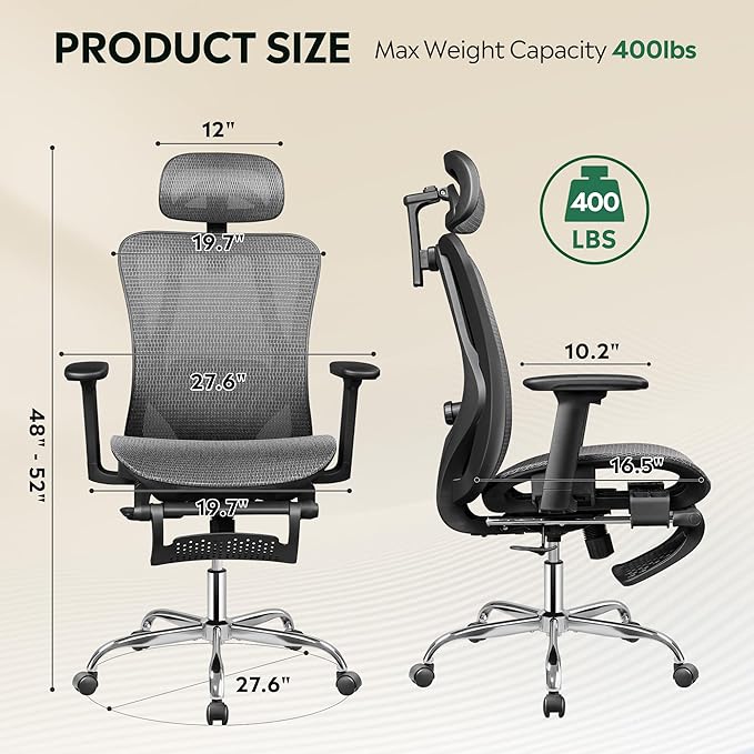 DEVAISE Ergonomic Mesh Office Desk Chair, Retractable Footrest and Adjustable Lumbar Support, Comfy High Back Reclining Computer Gaming Chair, Tilt Function, Heavy Duty, SGS Class 4 Gas Lift, Grey