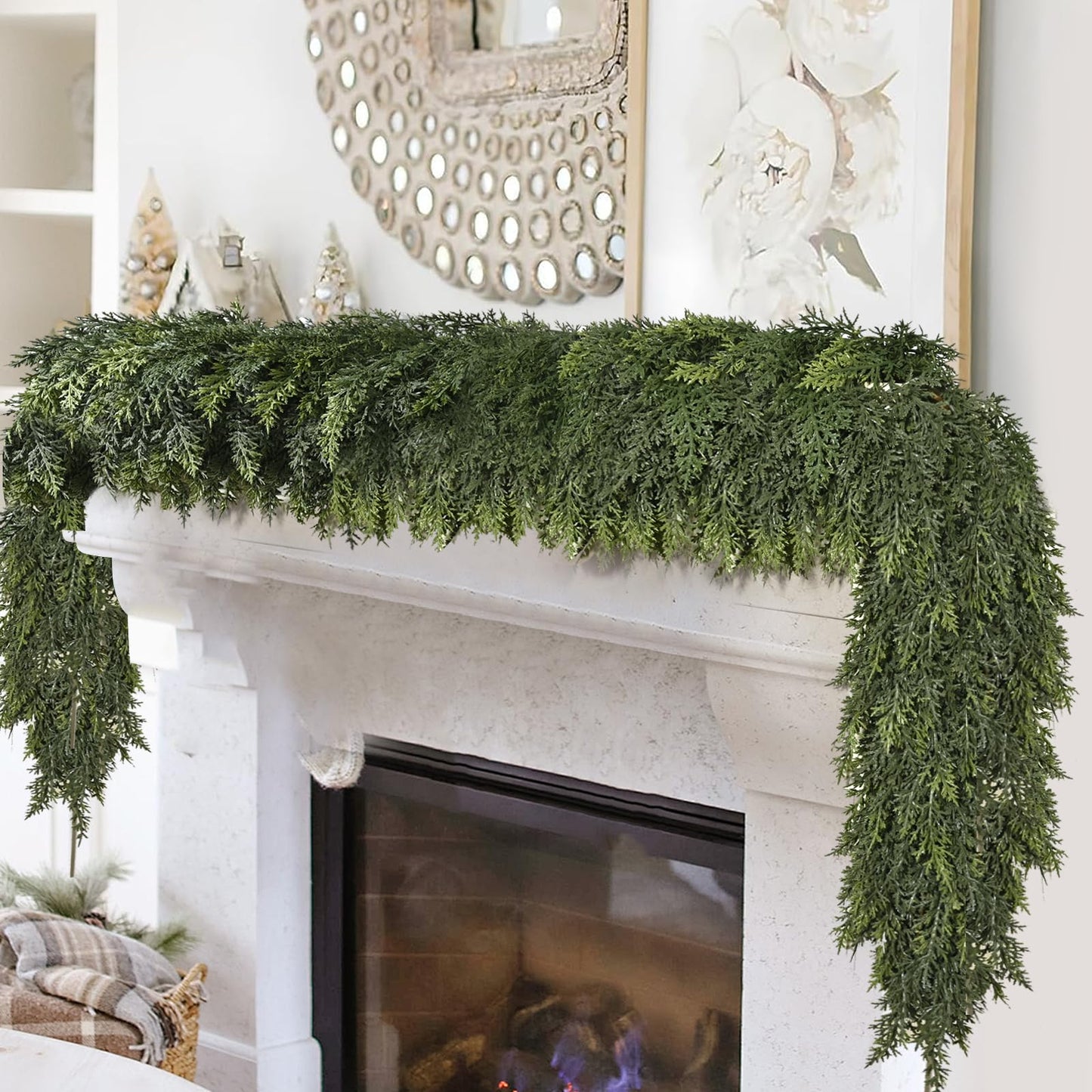 6FT Thick Christmas Garlands with 168 Cedar Branches, Real Touch Green Cedar Garland for Christmas Decorations, Artificial Greenery Garland for Table, Mantle, Wall, Indoor, Outdoor Holiday Decor