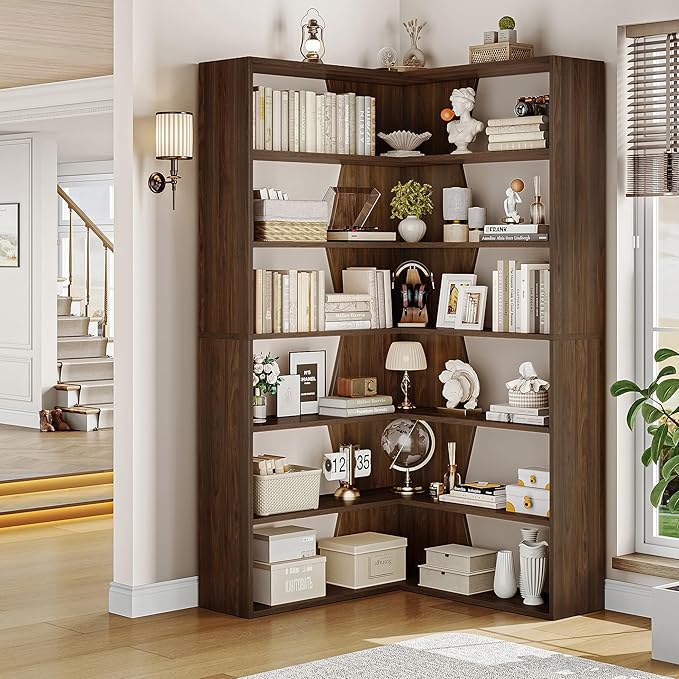 6-Tier Corner Bookshelf, Modern Bookshelf and Bookcase, Tall Bookcase Open Display Storage, L Shaped Corner Shelf for Library, Living Room, Home Office, Rustic Brown