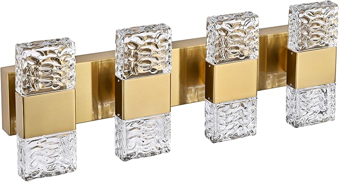 MELUCEE 4 Lights Bathroom Vanity Light Fixtures Modern LED Vanity Lighting Fixture Brass Crystal Vanity Light Bar 32W LED Wall Mounted Lamp Above Mirror Sink Dressing Table, 3000K Warm Lighting