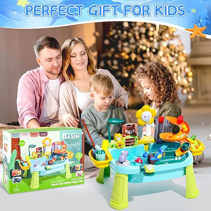 2026 Water Table for Kids Ages 3+ with Pump, Sensory Tables with Play Vegetables, Tableware & Fishing Game, Outdoor Toy Summer Beach for Kids Boys Girls Age 3+